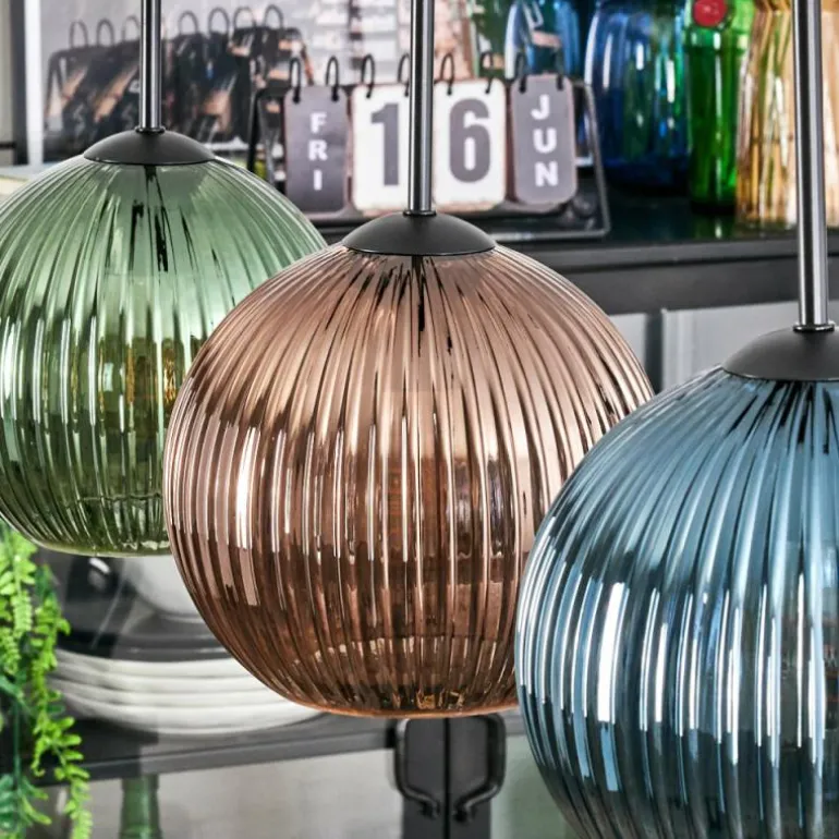 Koyoto Suspension, Boule lumineuse, Suspension Bleu, Vert, Cuivré, 3 lumières