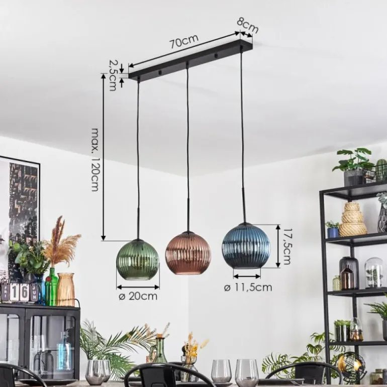 Koyoto Suspension, Boule lumineuse, Suspension Bleu, Vert, Cuivré, 3 lumières