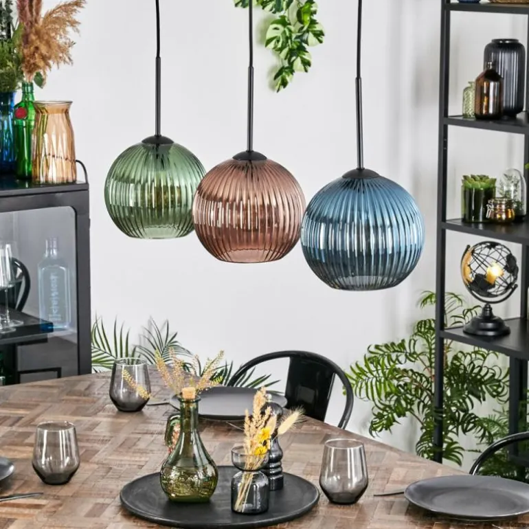 Koyoto Suspension, Boule lumineuse, Suspension Bleu, Vert, Cuivré, 3 lumières