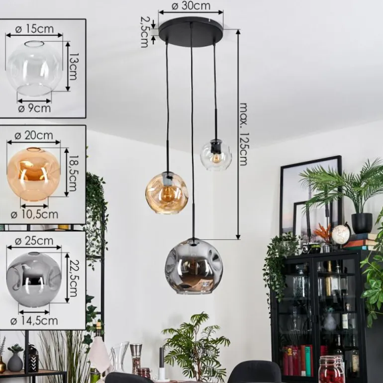 Koyoto Suspension, Boule lumineuse, Suspension, Suspension grappe Ambre, Clair, Fumé, 3 lumières
