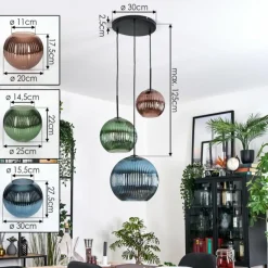 Koyoto Suspension, Boule lumineuse, Suspension, Suspension grappe Bleu, Vert, Cuivré, 3 lumières