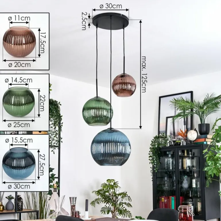 Koyoto Suspension, Boule lumineuse, Suspension, Suspension grappe Bleu, Vert, Cuivré, 3 lumières