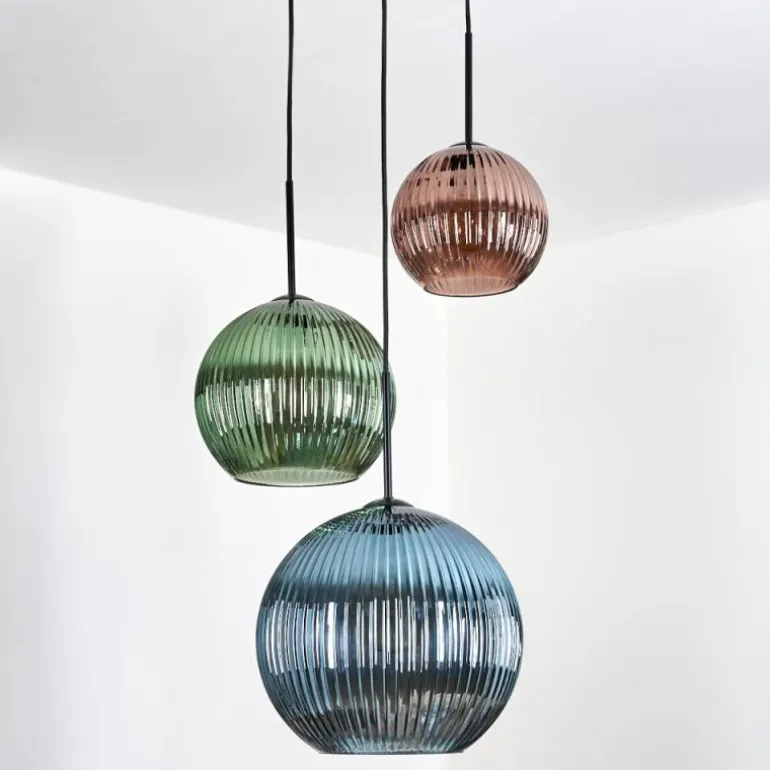 Koyoto Suspension, Boule lumineuse, Suspension, Suspension grappe Bleu, Vert, Cuivré, 3 lumières