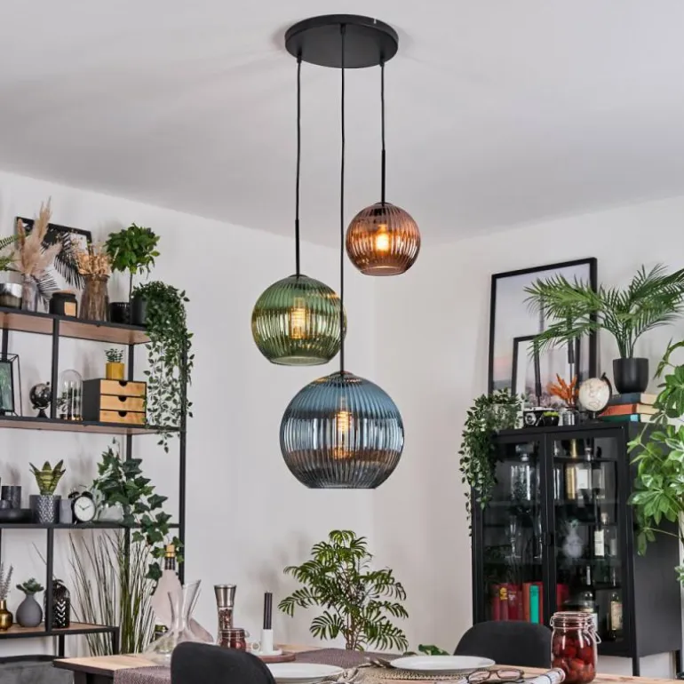 Koyoto Suspension, Boule lumineuse, Suspension, Suspension grappe Bleu, Vert, Cuivré, 3 lumières
