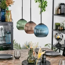 Koyoto Suspension, Boule lumineuse, Suspension Bleu, Vert, Cuivré, 3 lumières