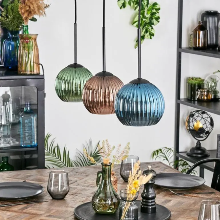 Koyoto Suspension, Boule lumineuse, Suspension Bleu, Vert, Cuivré, 3 lumières