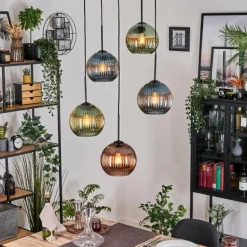 Koyoto Suspension, Boule lumineuse, Suspension grappe 45 cm Bleu, Vert, Cuivré, 5 lumières