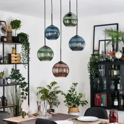 Koyoto Suspension, Boule lumineuse, Suspension grappe 45 cm Bleu, Vert, Cuivré, 5 lumières