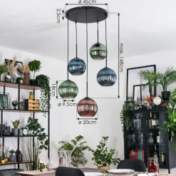 Koyoto Suspension, Boule lumineuse, Suspension grappe 45 cm Bleu, Vert, Cuivré, 5 lumières