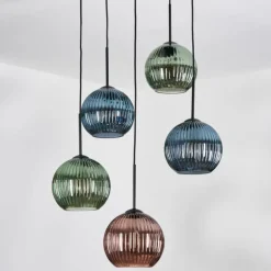 Koyoto Suspension, Boule lumineuse, Suspension grappe 45 cm Bleu, Vert, Cuivré, 5 lumières