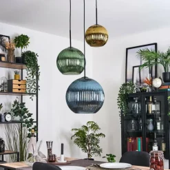 Koyoto Suspension, Boule lumineuse, Suspension grappe 30 cm Bleu, Or, Vert, 3 lumières