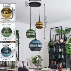 Koyoto Suspension, Boule lumineuse, Suspension grappe 30 cm Bleu, Or, Vert, 3 lumières