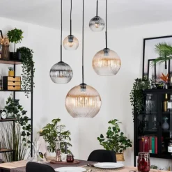 Koyoto Suspension, Boule lumineuse, Suspension grappe Ambre, Clair, Fumé, 5 lumières