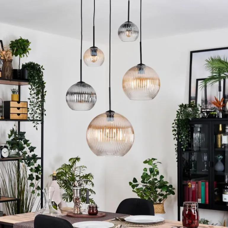 Koyoto Suspension, Boule lumineuse, Suspension grappe Ambre, Clair, Fumé, 5 lumières
