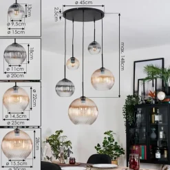 Koyoto Suspension, Boule lumineuse, Suspension grappe Ambre, Clair, Fumé, 5 lumières