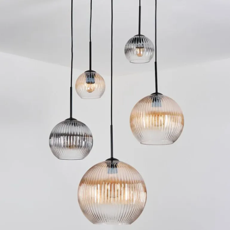 Koyoto Suspension, Boule lumineuse, Suspension grappe Ambre, Clair, Fumé, 5 lumières