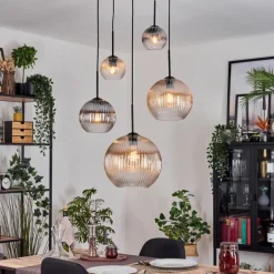 Koyoto Suspension, Boule lumineuse, Suspension grappe Ambre, Clair, Fumé, 5 lumières