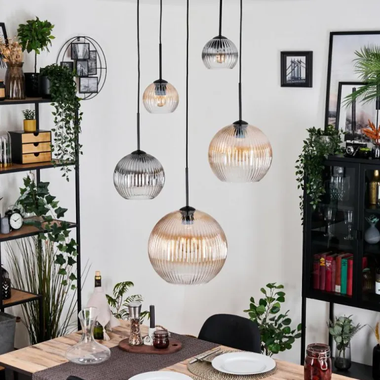 Koyoto Suspension, Boule lumineuse, Suspension grappe Ambre, Clair, Fumé, 5 lumières