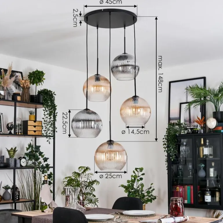 Koyoto Suspension, Boule lumineuse, Suspension grappe Ambre, Clair, Fumé, 5 lumières