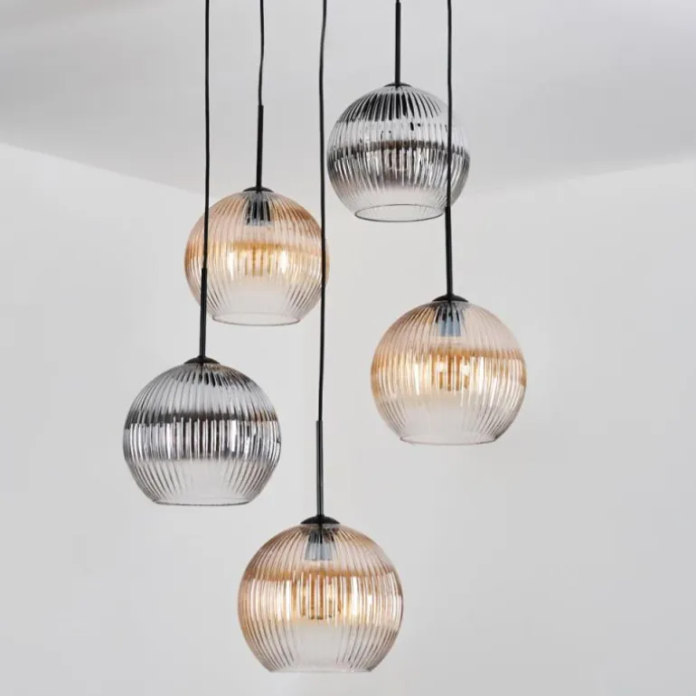 Koyoto Suspension, Boule lumineuse, Suspension grappe Ambre, Clair, Fumé, 5 lumières