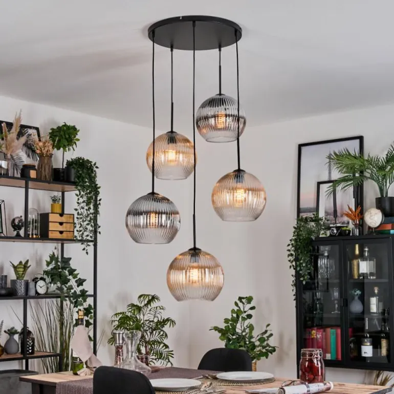 Koyoto Suspension, Boule lumineuse, Suspension grappe Ambre, Clair, Fumé, 5 lumières