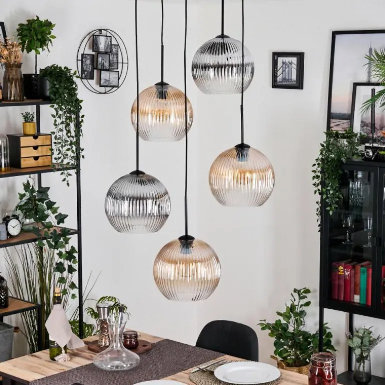Koyoto Suspension, Boule lumineuse, Suspension grappe Ambre, Clair, Fumé, 5 lumières