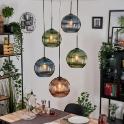 Koyoto Suspension, Boule lumineuse, Suspension grappe Bleu, Vert, Cuivré, 5 lumières