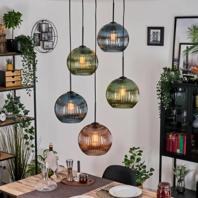 Koyoto Suspension, Boule lumineuse, Suspension grappe Bleu, Vert, Cuivré, 5 lumières