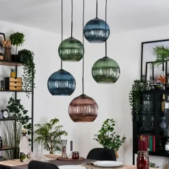 Koyoto Suspension, Boule lumineuse, Suspension grappe Bleu, Vert, Cuivré, 5 lumières