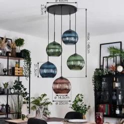 Koyoto Suspension, Boule lumineuse, Suspension grappe Bleu, Vert, Cuivré, 5 lumières