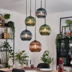 Koyoto Suspension, Boule lumineuse, Suspension grappe Bleu, Vert, Cuivré, 5 lumières