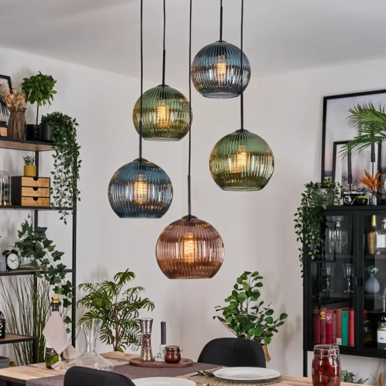 Koyoto Suspension, Boule lumineuse, Suspension grappe Bleu, Vert, Cuivré, 5 lumières