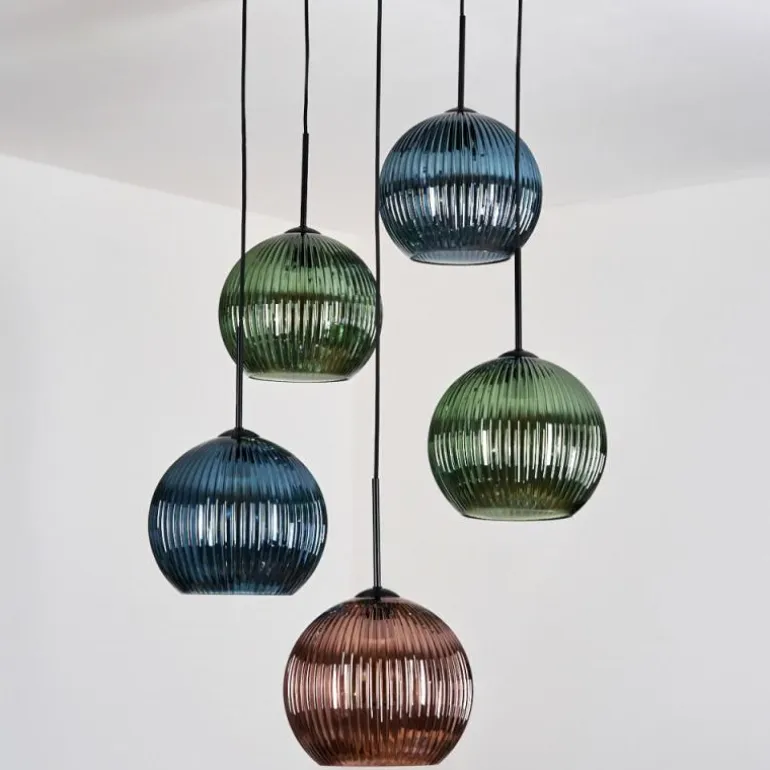 Koyoto Suspension, Boule lumineuse, Suspension grappe Bleu, Vert, Cuivré, 5 lumières