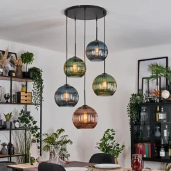 Koyoto Suspension, Boule lumineuse, Suspension grappe Bleu, Vert, Cuivré, 5 lumières