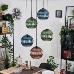 Koyoto Suspension, Boule lumineuse, Suspension grappe Bleu, Vert, Cuivré, 5 lumières