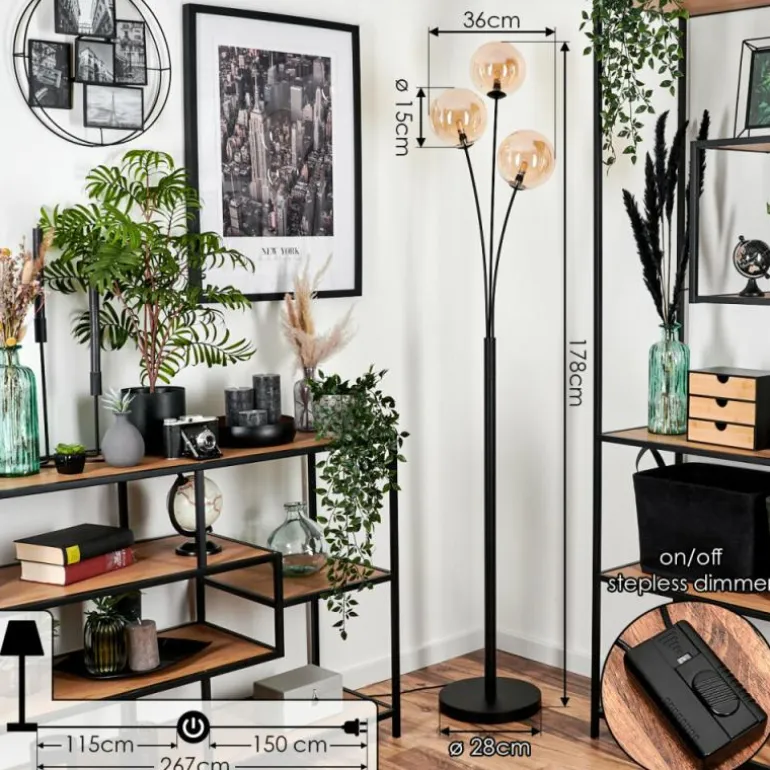 Lampadaire - Verre 15 cm Bernado Ambre, 3 lumières