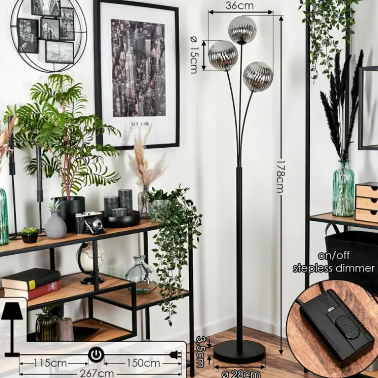 Lampadaire - Verre 15 cm Bernado Fumé, 3 lumières