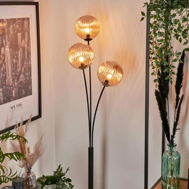 Lampadaire - Verre 15 cm Bernado Ambre, 3 lumières