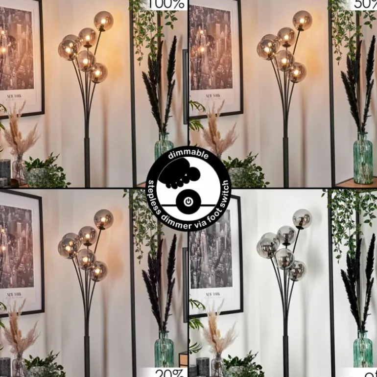 Lampadaire - Verre 12 cm Bernado Fumé, 6 lumières