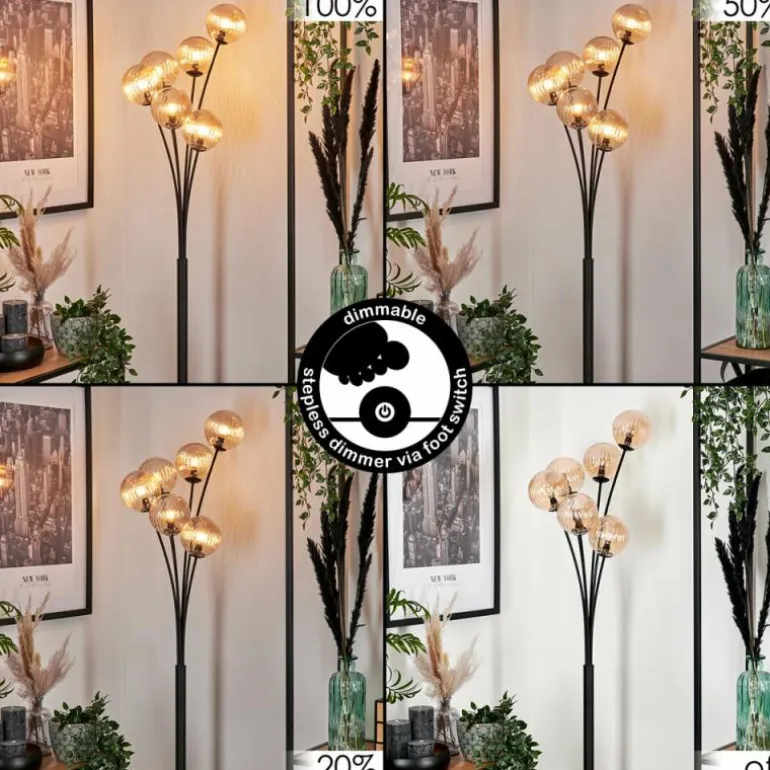 Lampadaire - Verre 12 cm Bernado Ambre, 6 lumières