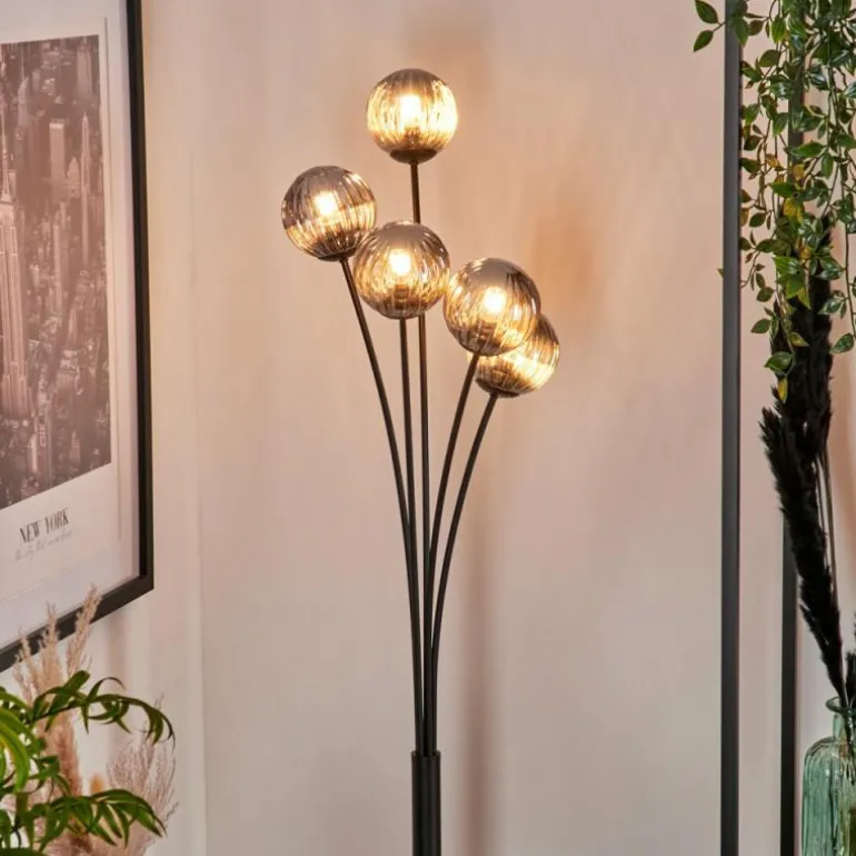 Lampadaire - Verre 10 cm Bernado Fumé, 5 lumières
