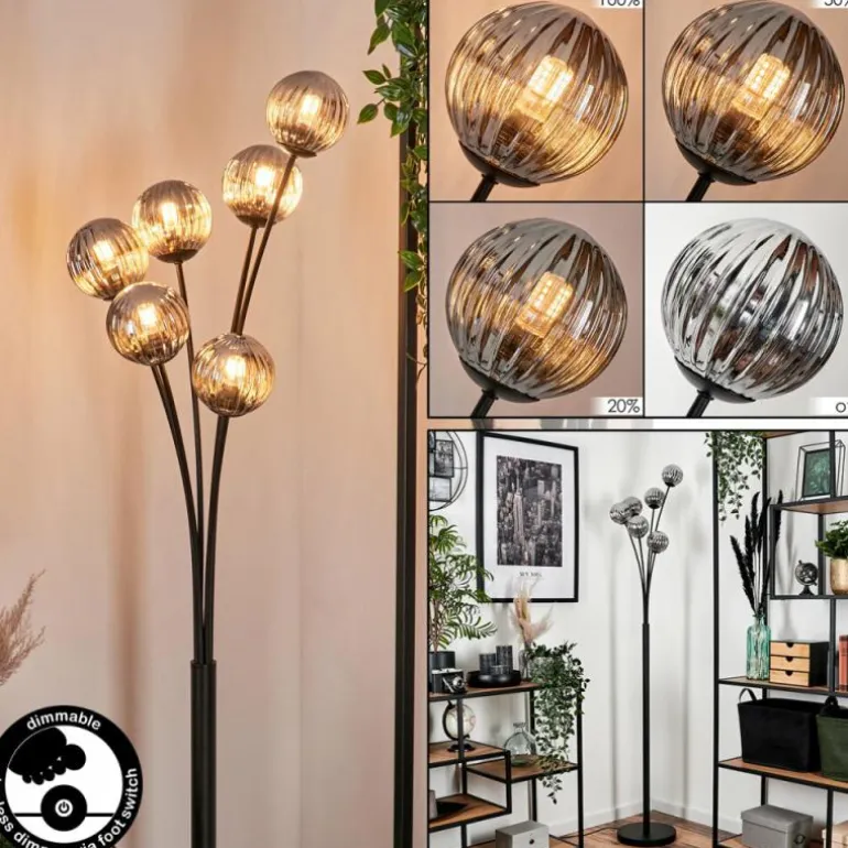 Lampadaire - Verre 10 cm Bernado Fumé, 6 lumières
