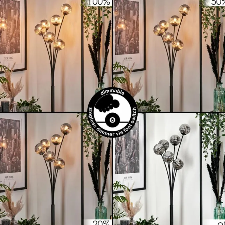 Lampadaire - Verre 10 cm Bernado Fumé, 6 lumières