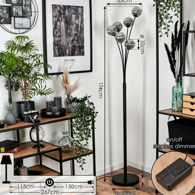 Lampadaire - Verre 10 cm Bernado Fumé, 6 lumières