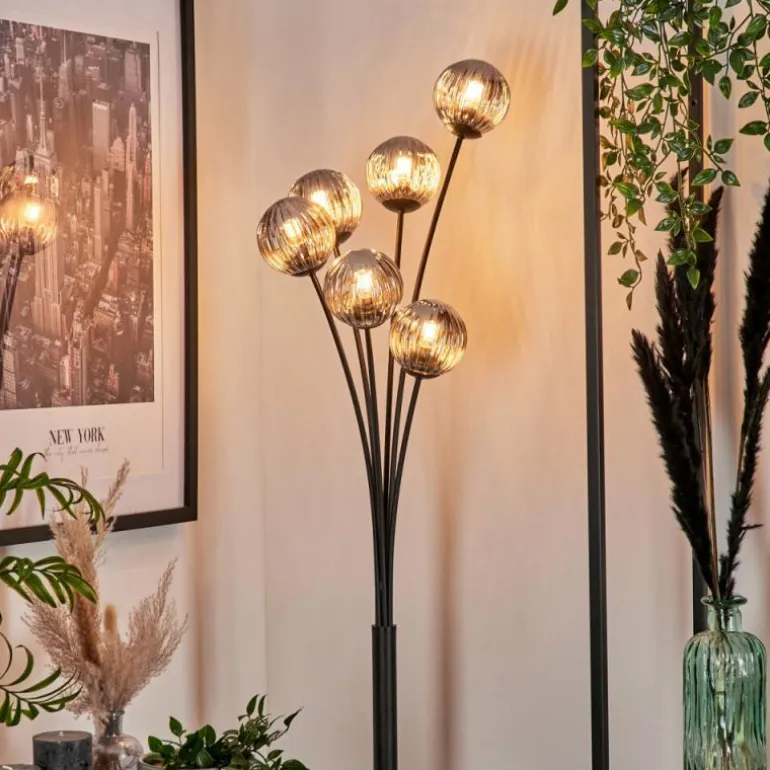 Lampadaire - Verre 10 cm Bernado Fumé, 6 lumières