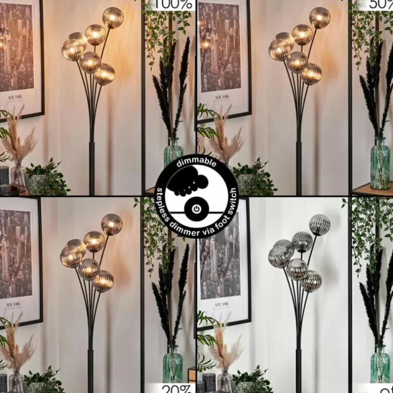 Lampadaire - Verre 12 cm Bernado Fumé, 6 lumières