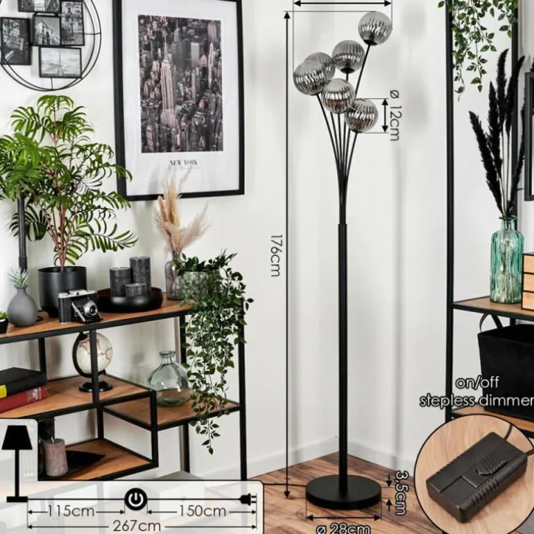 Lampadaire - Verre 12 cm Bernado Fumé, 6 lumières