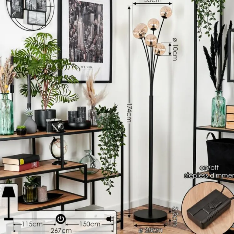 Lampadaire - Verre 10 cm Bernado Ambre, 6 lumières