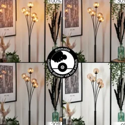 Lampadaire - Verre 10 cm Bernado Ambre, 5 lumières