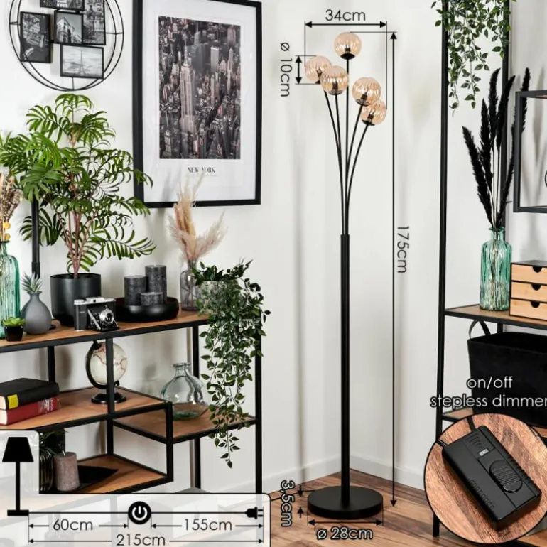Lampadaire - Verre 10 cm Bernado Ambre, 5 lumières